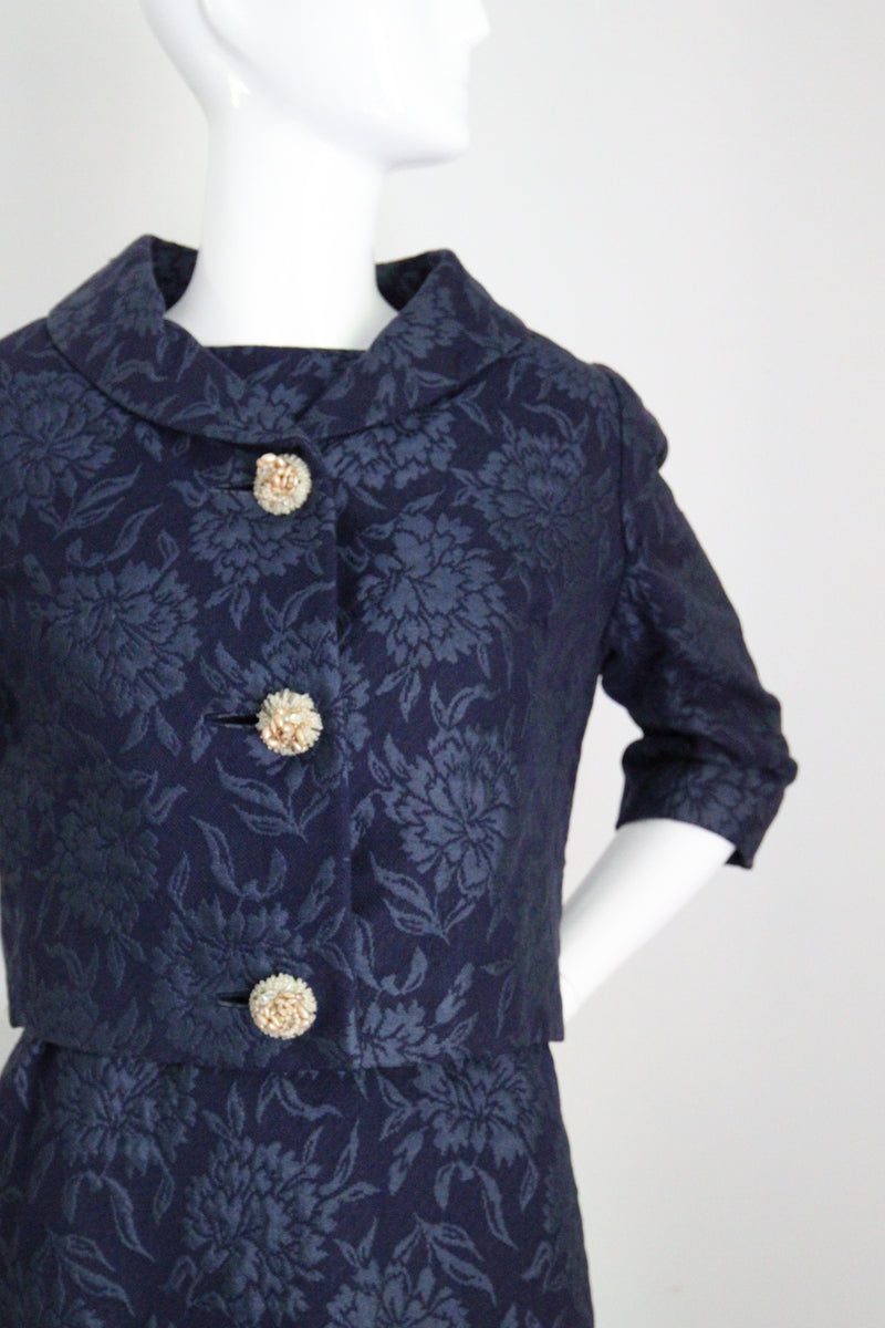 "Blooming Brocade" Vintage 1960's Christian Dior Navy Floral Brocade Dress & Jacket Ensemble UK 8 US 4
