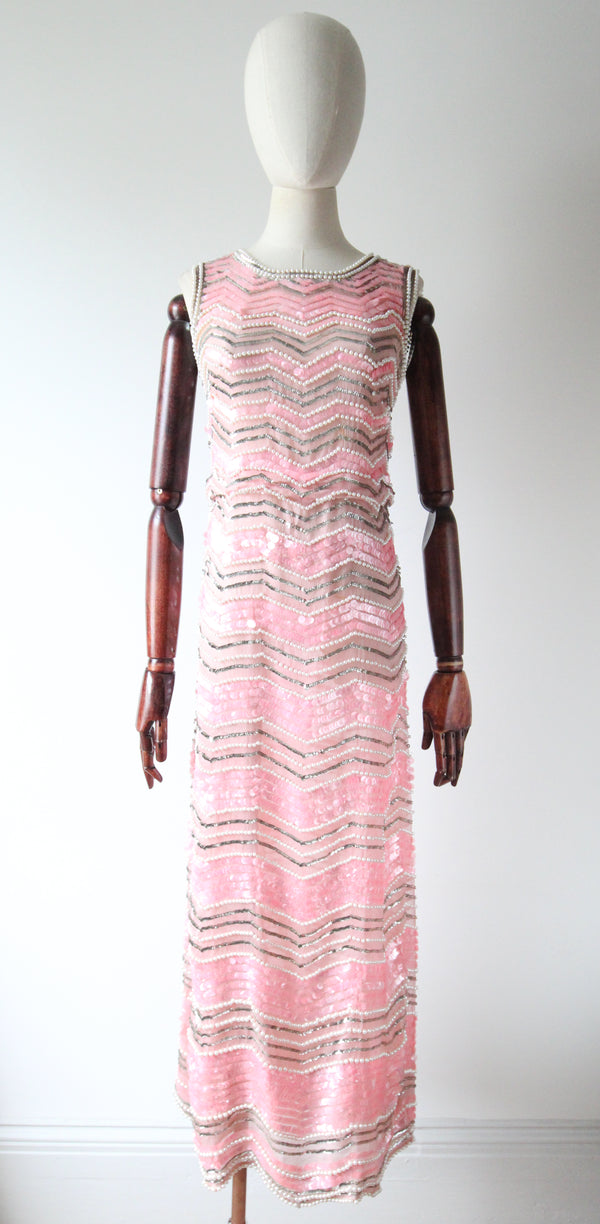 "Pearlescent Pink Sequins & Pearls" Vintage 1960's Pink & Pearl Silk Organza Beaded Dress UK 8-10 US 4-6