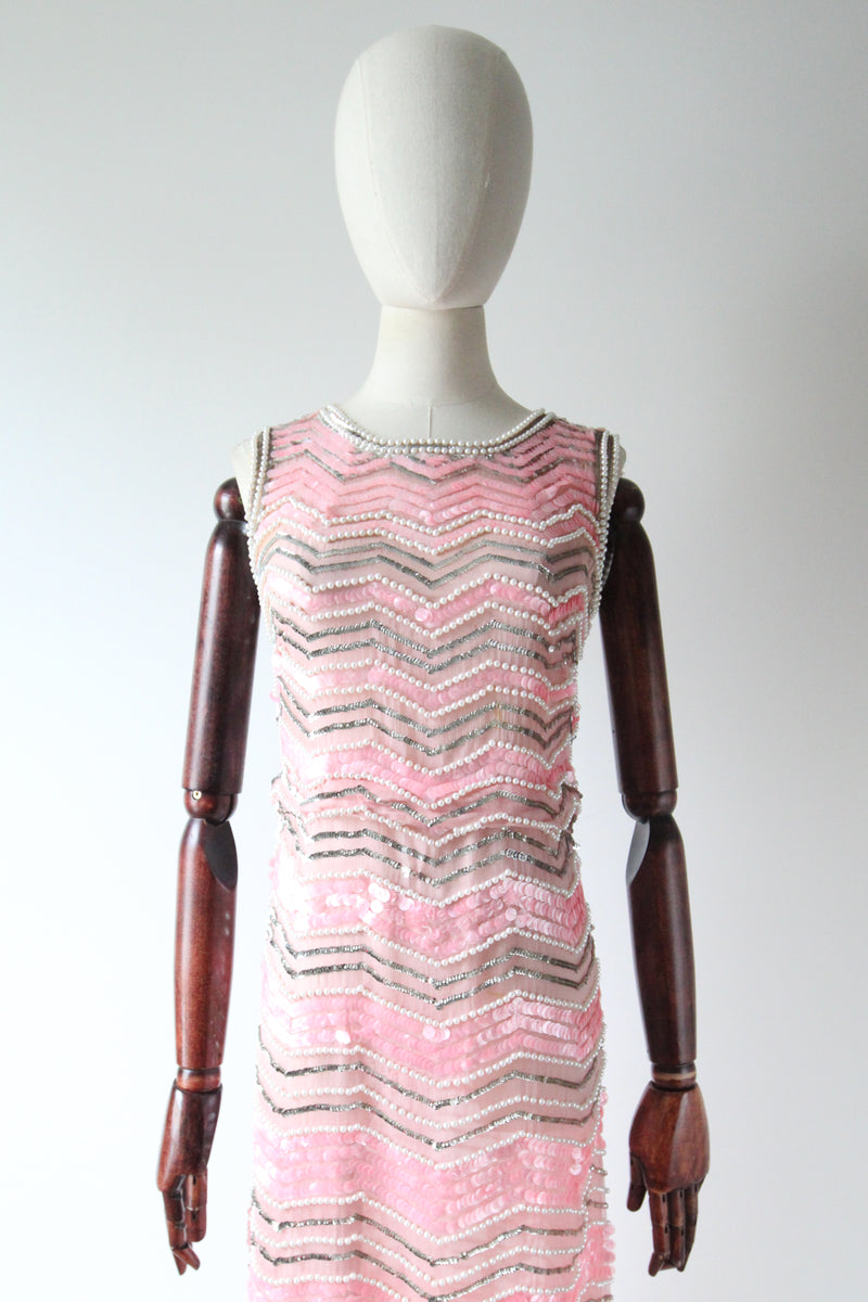 "Pearlescent Pink Sequins & Pearls" Vintage 1960's Pink & Pearl Silk Organza Beaded Dress UK 8-10 US 4-6