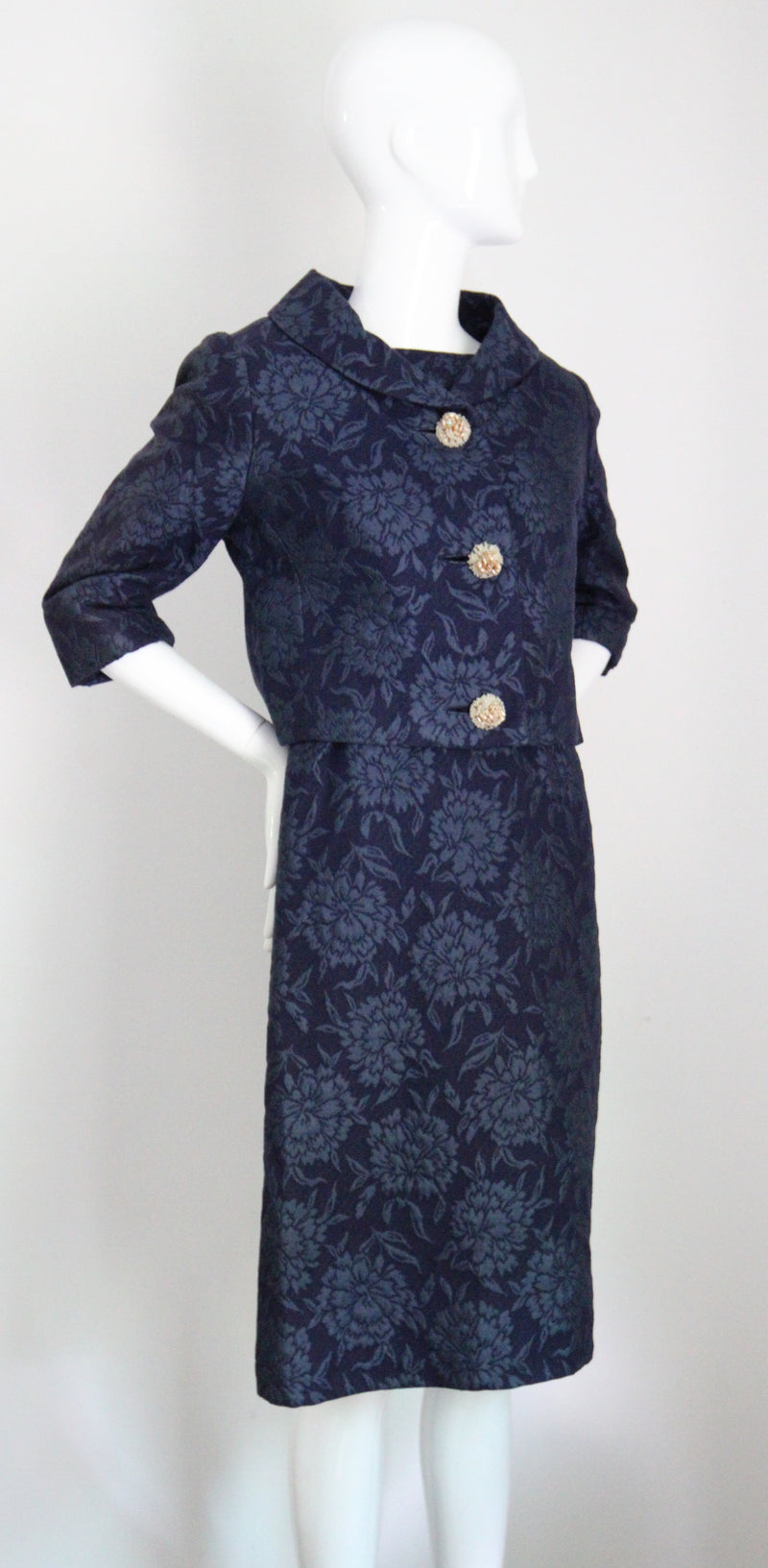 "Blooming Brocade" Vintage 1960's Christian Dior Navy Floral Brocade Dress & Jacket Ensemble UK 8 US 4