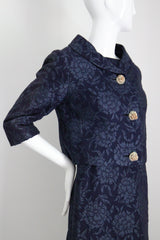 "Blooming Brocade" Vintage 1960's Christian Dior Navy Floral Brocade Dress & Jacket Ensemble UK 8 US 4