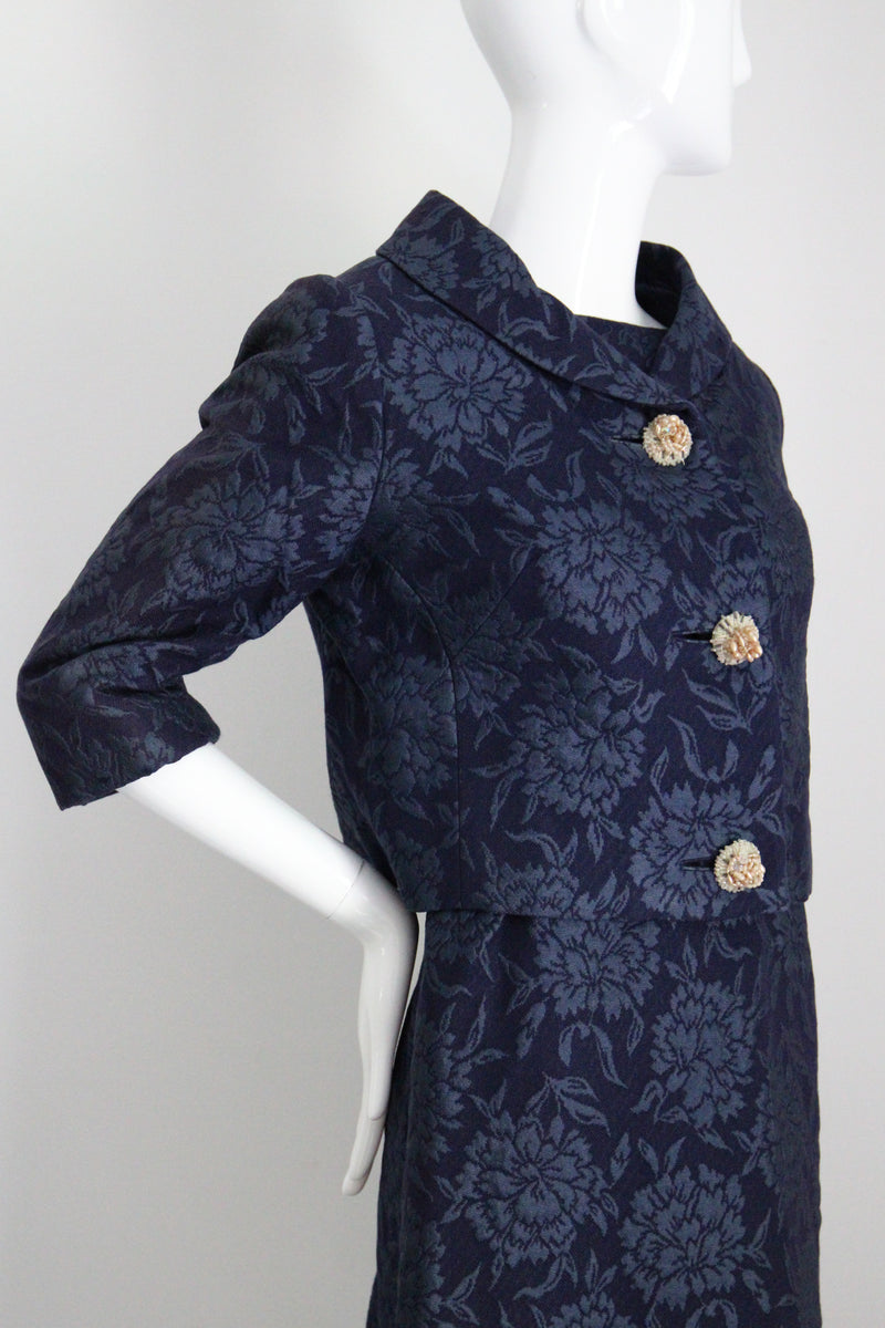 "Blooming Brocade" Vintage 1960's Christian Dior Navy Floral Brocade Dress & Jacket Ensemble UK 8 US 4