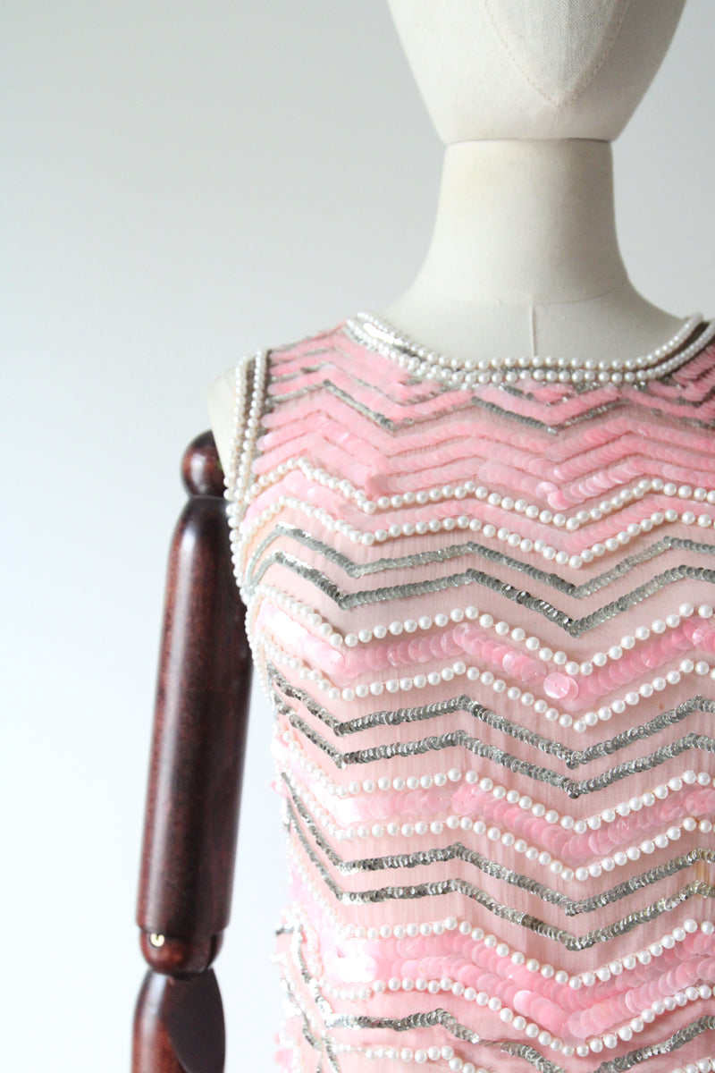 "Pearlescent Pink Sequins & Pearls" Vintage 1960's Pink & Pearl Silk Organza Beaded Dress UK 8-10 US 4-6