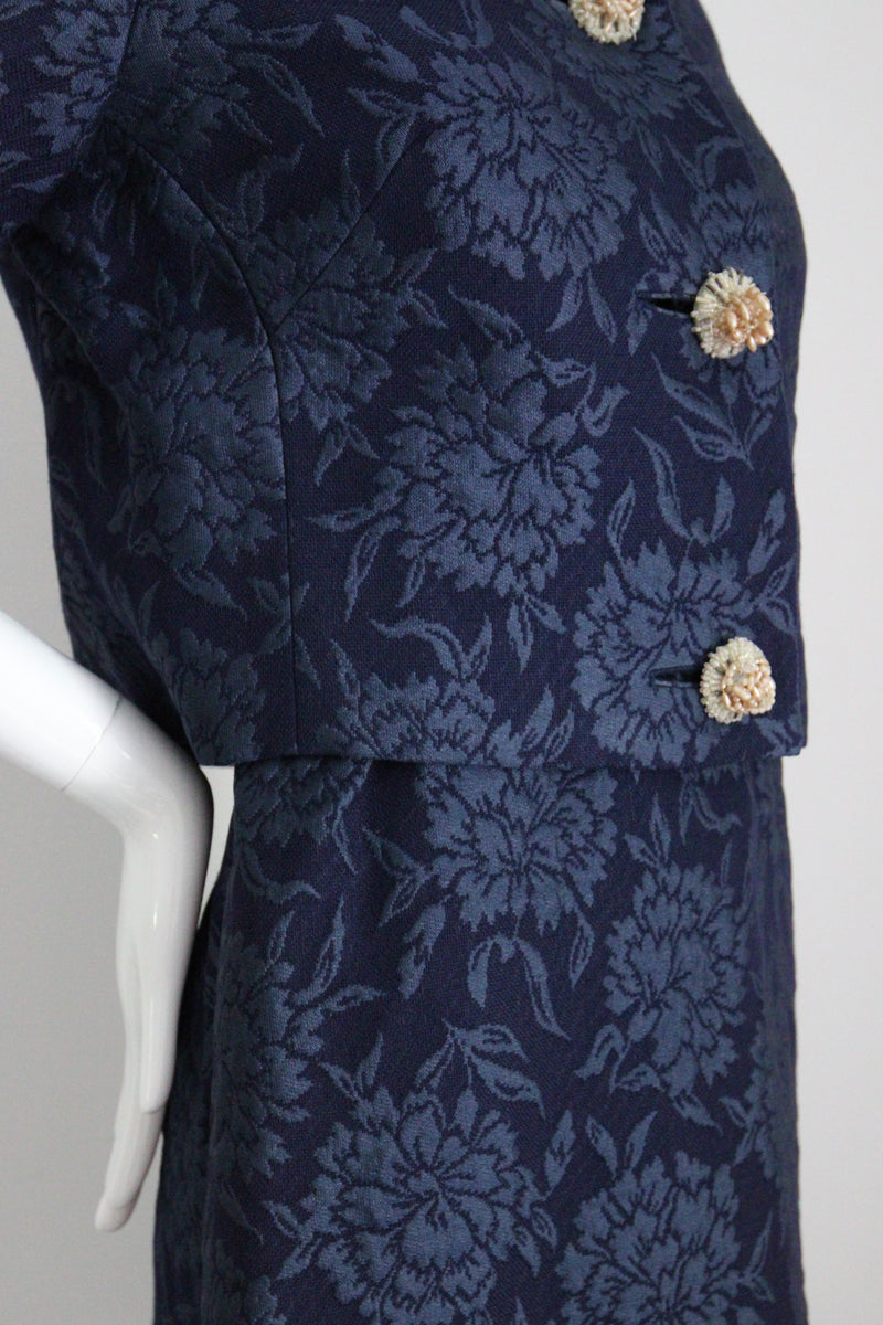 "Blooming Brocade" Vintage 1960's Christian Dior Navy Floral Brocade Dress & Jacket Ensemble UK 8 US 4