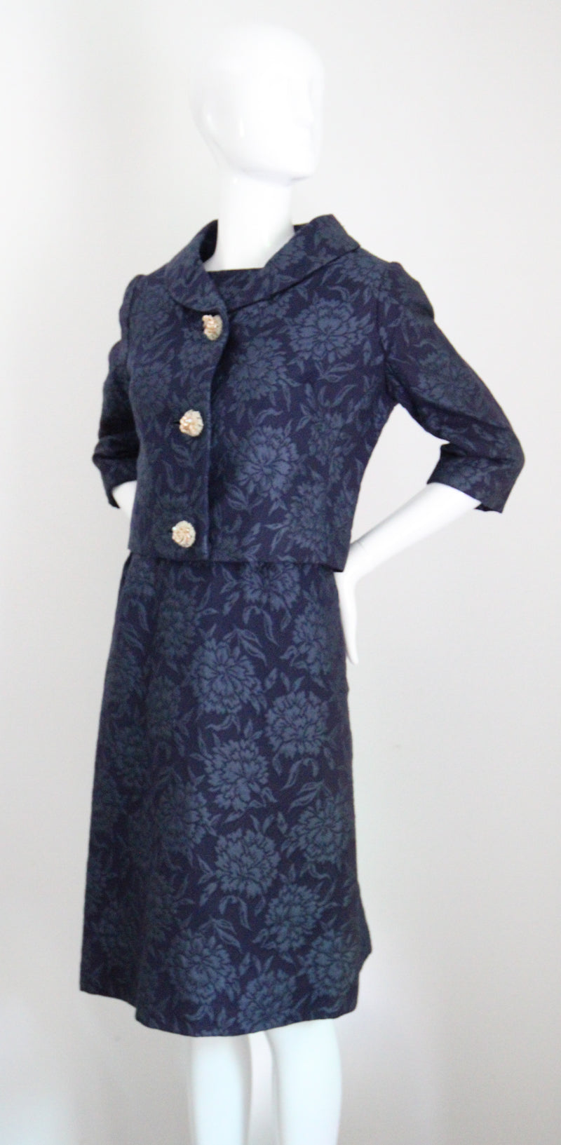 "Blooming Brocade" Vintage 1960's Christian Dior Navy Floral Brocade Dress & Jacket Ensemble UK 8 US 4