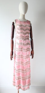 "Pearlescent Pink Sequins & Pearls" Vintage 1960's Pink & Pearl Silk Organza Beaded Dress UK 8-10 US 4-6