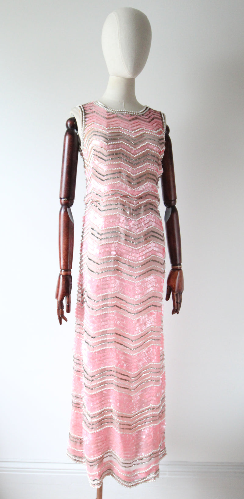 "Pearlescent Pink Sequins & Pearls" Vintage 1960's Pink & Pearl Silk Organza Beaded Dress UK 8-10 US 4-6