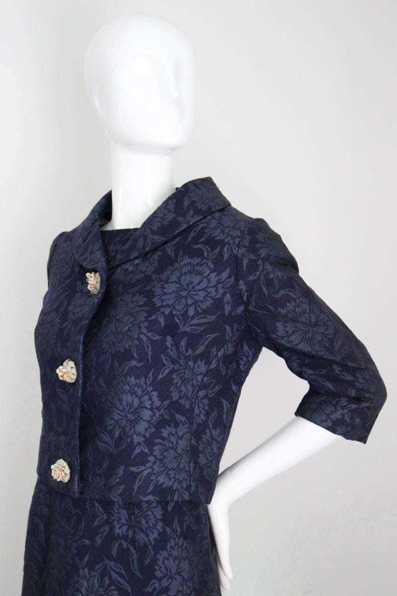 "Blooming Brocade" Vintage 1960's Christian Dior Navy Floral Brocade Dress & Jacket Ensemble UK 8 US 4