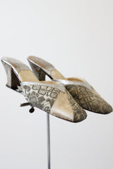 "Silver Lamé & Champagne Satin" Vintage 1930's Lamé & Satin Mule Slippers UK 3 US 5 EU 36