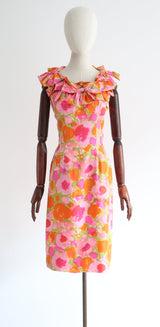 "Dappled Florals & Bows" vintage 1960's Dappled Floral & Bow Detail Silk Dress UK 8 US 4