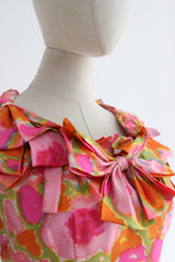 "Dappled Florals & Bows" vintage 1960's Dappled Floral & Bow Detail Silk Dress UK 8 US 4