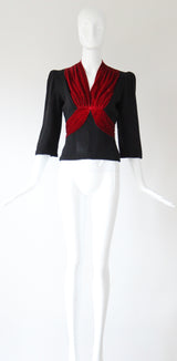 "Crimson Velvet" Vintage 1930's Velvet & Crepe Blouse UK 10 US 6