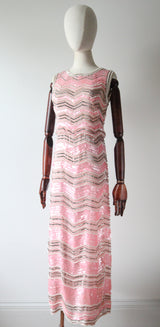 "Pearlescent Pink Sequins & Pearls" Vintage 1960's Pink & Pearl Silk Organza Beaded Dress UK 8-10 US 4-6