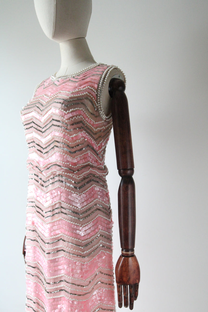 "Pearlescent Pink Sequins & Pearls" Vintage 1960's Pink & Pearl Silk Organza Beaded Dress UK 8-10 US 4-6