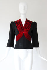 "Crimson Velvet" Vintage 1930's Velvet & Crepe Blouse UK 10 US 6
