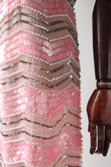 "Pearlescent Pink Sequins & Pearls" Vintage 1960's Pink & Pearl Silk Organza Beaded Dress UK 8-10 US 4-6