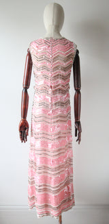 "Pearlescent Pink Sequins & Pearls" Vintage 1960's Pink & Pearl Silk Organza Beaded Dress UK 8-10 US 4-6