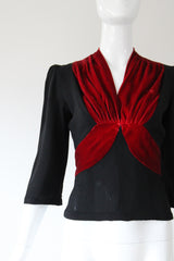 "Crimson Velvet" Vintage 1930's Velvet & Crepe Blouse UK 10 US 6