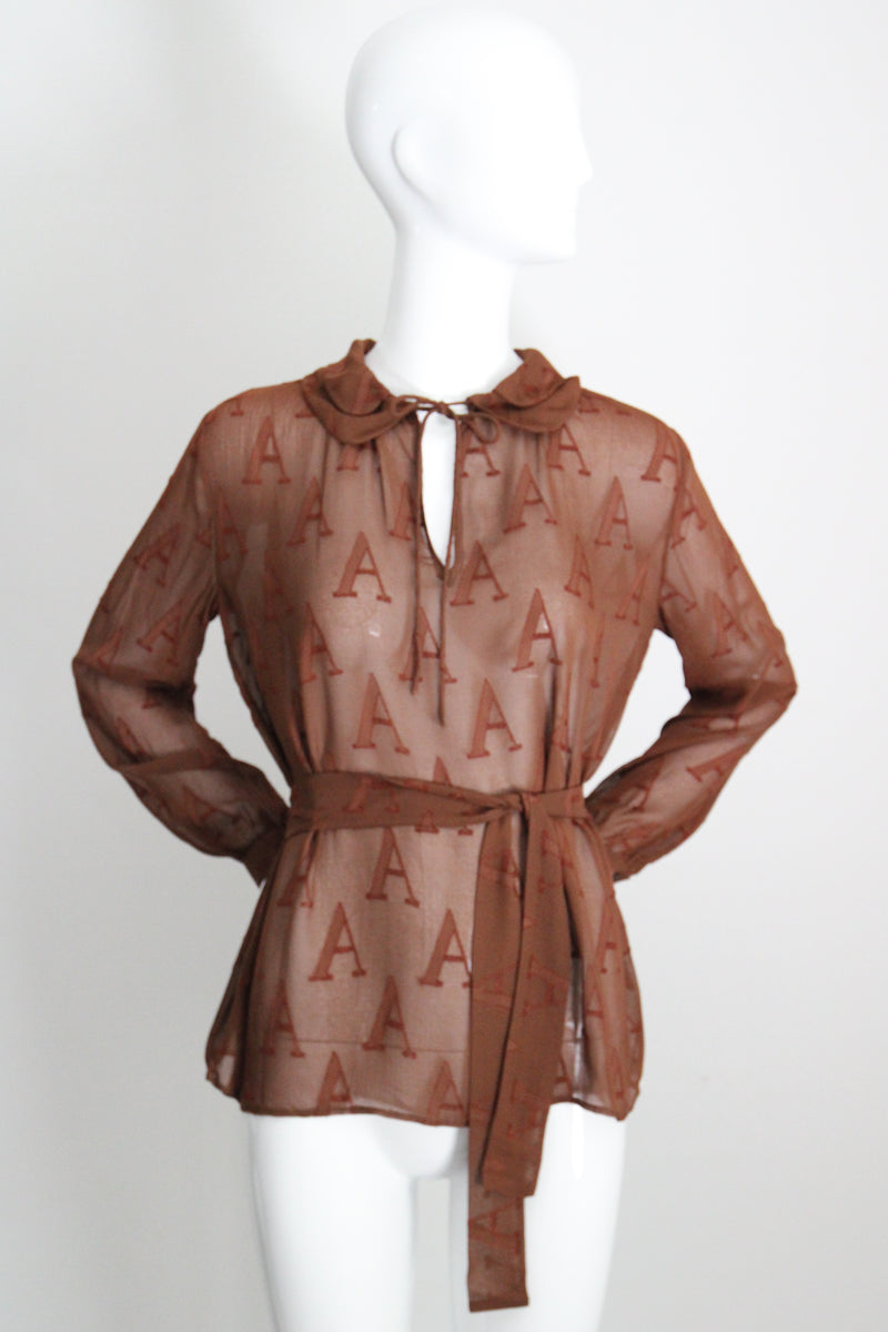 "Initial Silk" Vintage 1930's Silk Initial Print Blouse UK 10-12 US 6-8