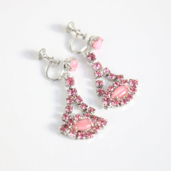 "Candy Pink" Vintage 1950's Sugar Pink Rhinestone & Pearlescent Cabochon Screw Back Earrings