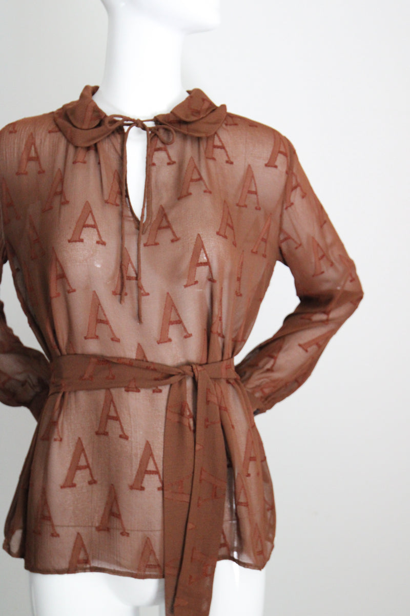 "Initial Silk" Vintage 1930's Silk Initial Print Blouse UK 10-12 US 6-8