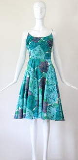 "Aqua Floral Rhinestones" Vintage 1950's Aqua Coloured Floral Rhinestone Dress UK 6 US 2