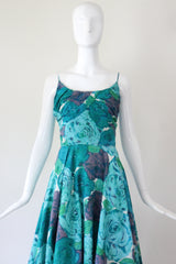 "Aqua Floral Rhinestones" Vintage 1950's Aqua Coloured Floral Rhinestone Dress UK 6 US 2