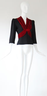 "Crimson Velvet" Vintage 1930's Velvet & Crepe Blouse UK 10 US 6