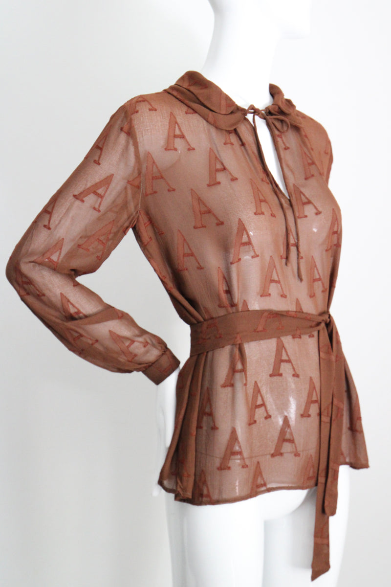 "Initial Silk" Vintage 1930's Silk Initial Print Blouse UK 10-12 US 6-8
