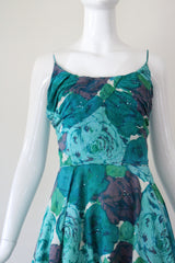 "Aqua Floral Rhinestones" Vintage 1950's Aqua Coloured Floral Rhinestone Dress UK 6 US 2