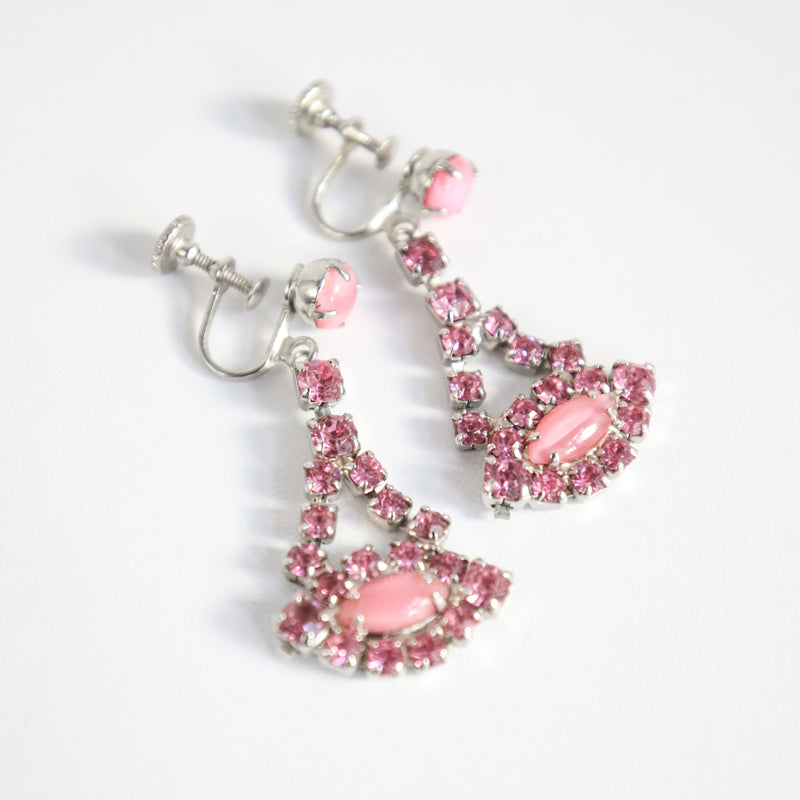 "Candy Pink" Vintage 1950's Sugar Pink Rhinestone & Pearlescent Cabochon Screw Back Earrings
