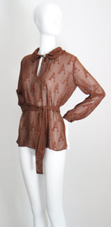 "Initial Silk" Vintage 1930's Silk Initial Print Blouse UK 10-12 US 6-8