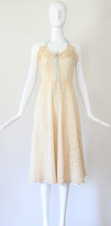 "Cream Lace & Velvet" Vintage 1940's Cream Lace & Blue Velvet Halter-neck Dress UK 8 US 4