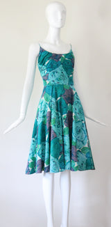 "Aqua Floral Rhinestones" Vintage 1950's Aqua Coloured Floral Rhinestone Dress UK 6 US 2