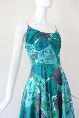 "Aqua Floral Rhinestones" Vintage 1950's Aqua Coloured Floral Rhinestone Dress UK 6 US 2