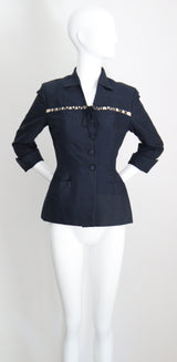 "The Timekeeper" Vintage 1940's Navy Blue Silk & Roman Numeral Jacket UK 8 US 4