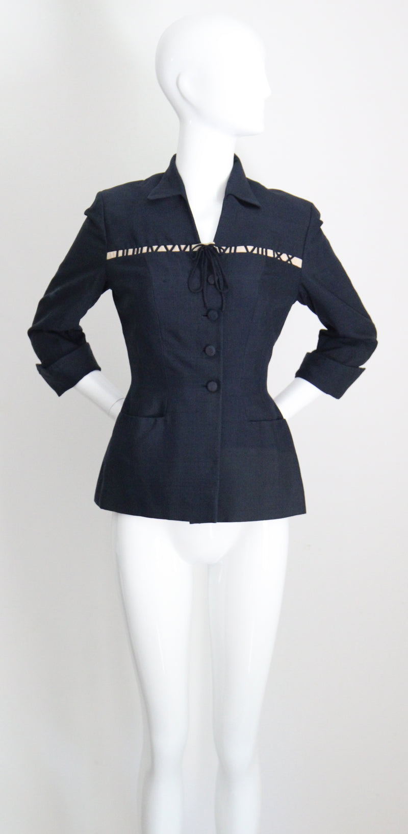 "The Timekeeper" Vintage 1940's Navy Blue Silk & Roman Numeral Jacket UK 8 US 4