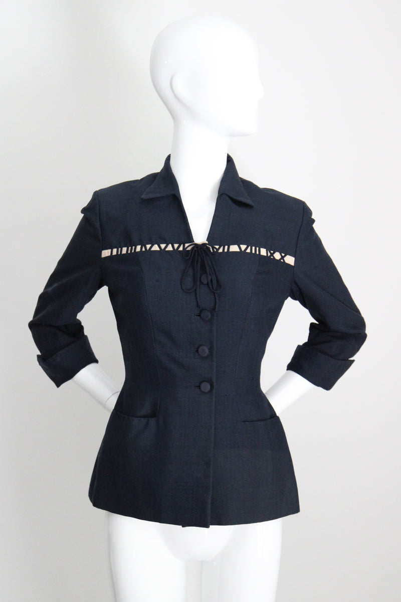 "The Timekeeper" Vintage 1940's Navy Blue Silk & Roman Numeral Jacket UK 8 US 4