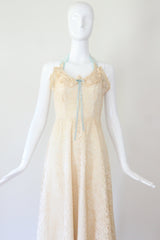 "Cream Lace & Velvet" Vintage 1940's Cream Lace & Blue Velvet Halter-neck Dress UK 8 US 4