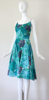 "Aqua Floral Rhinestones" Vintage 1950's Aqua Coloured Floral Rhinestone Dress UK 6 US 2