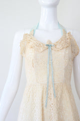 "Cream Lace & Velvet" Vintage 1940's Cream Lace & Blue Velvet Halter-neck Dress UK 8 US 4