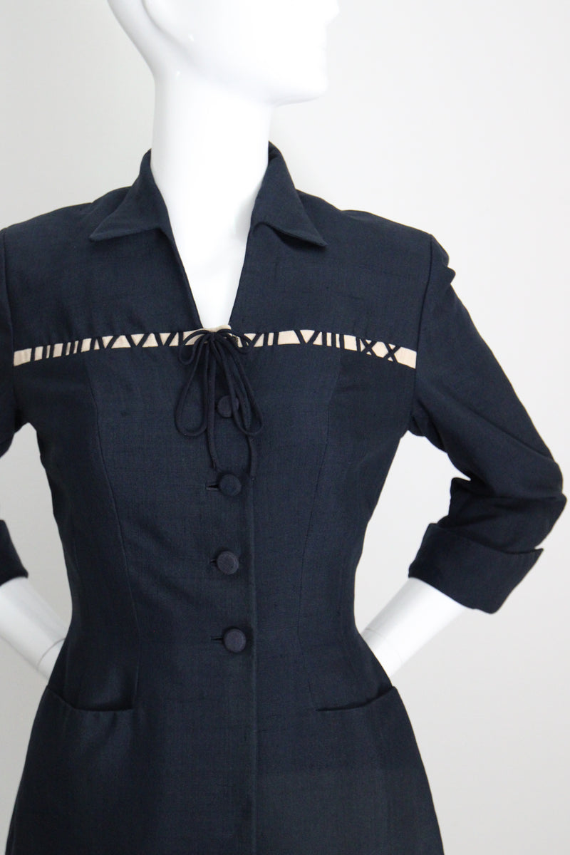 "The Timekeeper" Vintage 1940's Navy Blue Silk & Roman Numeral Jacket UK 8 US 4