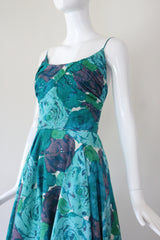"Aqua Floral Rhinestones" Vintage 1950's Aqua Coloured Floral Rhinestone Dress UK 6 US 2