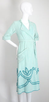 "Lotus Chenille" Vintage 1940's Turquoise Chenille Dressing Gown UK 10 US 6