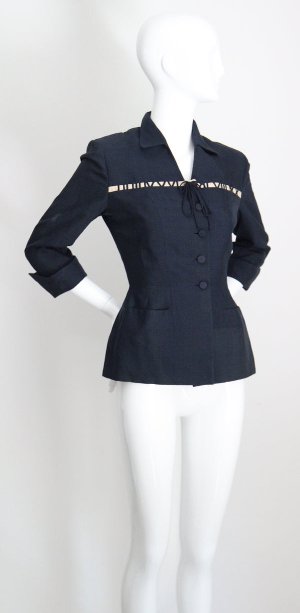"The Timekeeper" Vintage 1940's Navy Blue Silk & Roman Numeral Jacket UK 8 US 4