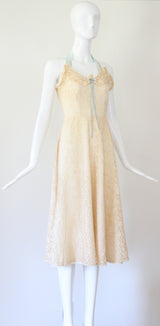 "Cream Lace & Velvet" Vintage 1940's Cream Lace & Blue Velvet Halter-neck Dress UK 8 US 4