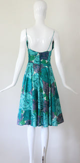 "Aqua Floral Rhinestones" Vintage 1950's Aqua Coloured Floral Rhinestone Dress UK 6 US 2