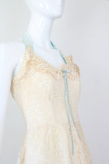 "Cream Lace & Velvet" Vintage 1940's Cream Lace & Blue Velvet Halter-neck Dress UK 8 US 4