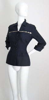 "The Timekeeper" Vintage 1940's Navy Blue Silk & Roman Numeral Jacket UK 8 US 4