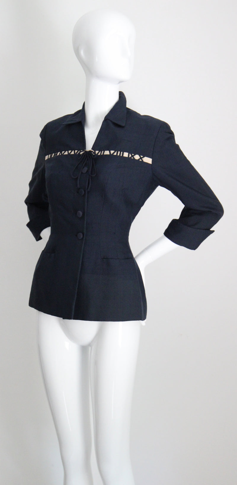 "The Timekeeper" Vintage 1940's Navy Blue Silk & Roman Numeral Jacket UK 8 US 4